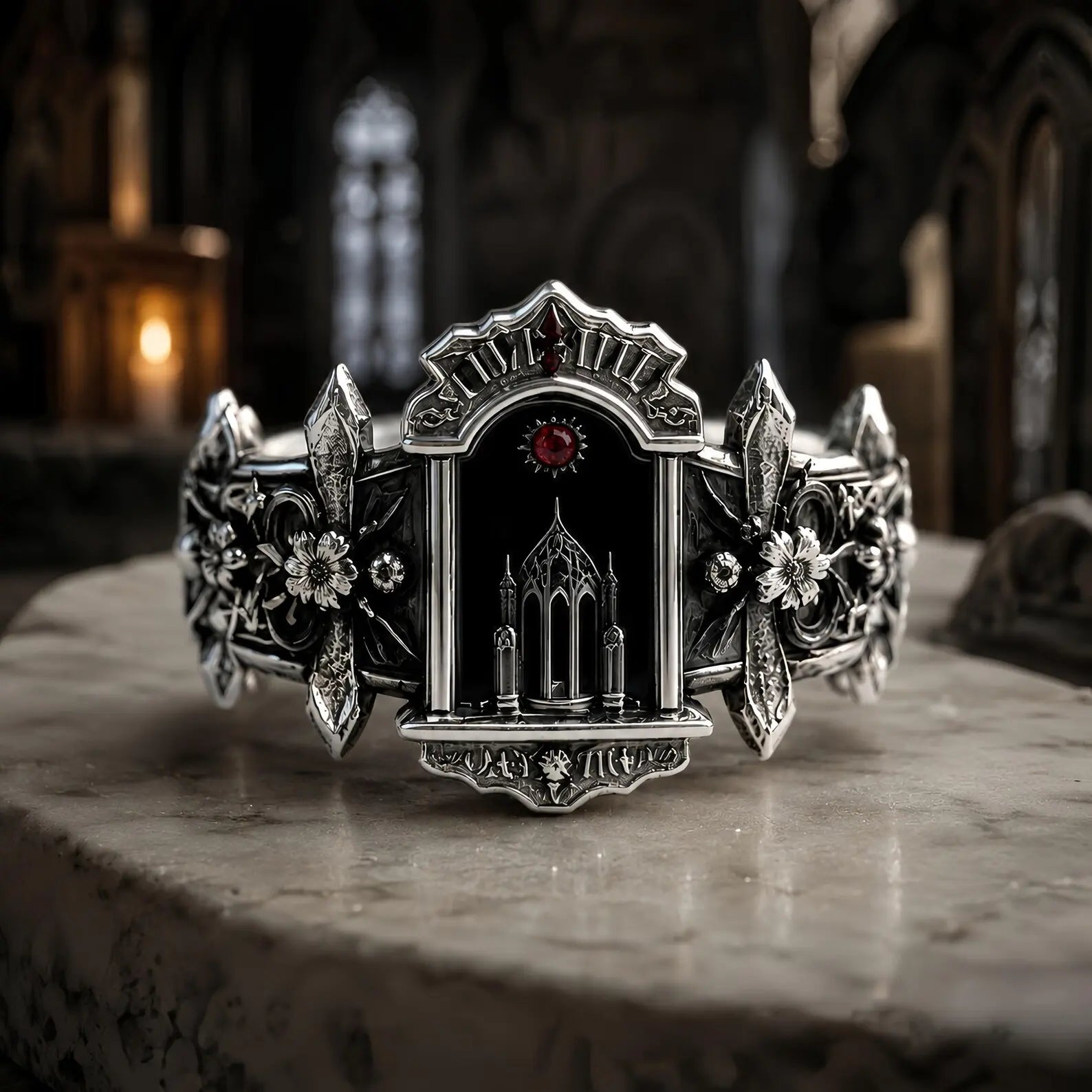 Alternative engagement rings — gothic crimson moissanite altar ring