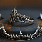 Gothic sterling silver crown ring — top view showing pointed arch band and antiqued patina