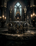 Lost Order Crusader Ring on hand — Gothic arch portal panels with heraldic crosses, two-tone oxidized silver and gold finish, front view