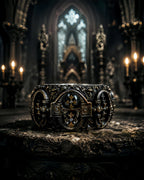 Lost Order Crusader Ring on hand — Gothic arch portal panels with heraldic crosses, two-tone oxidized silver and gold finish, front view