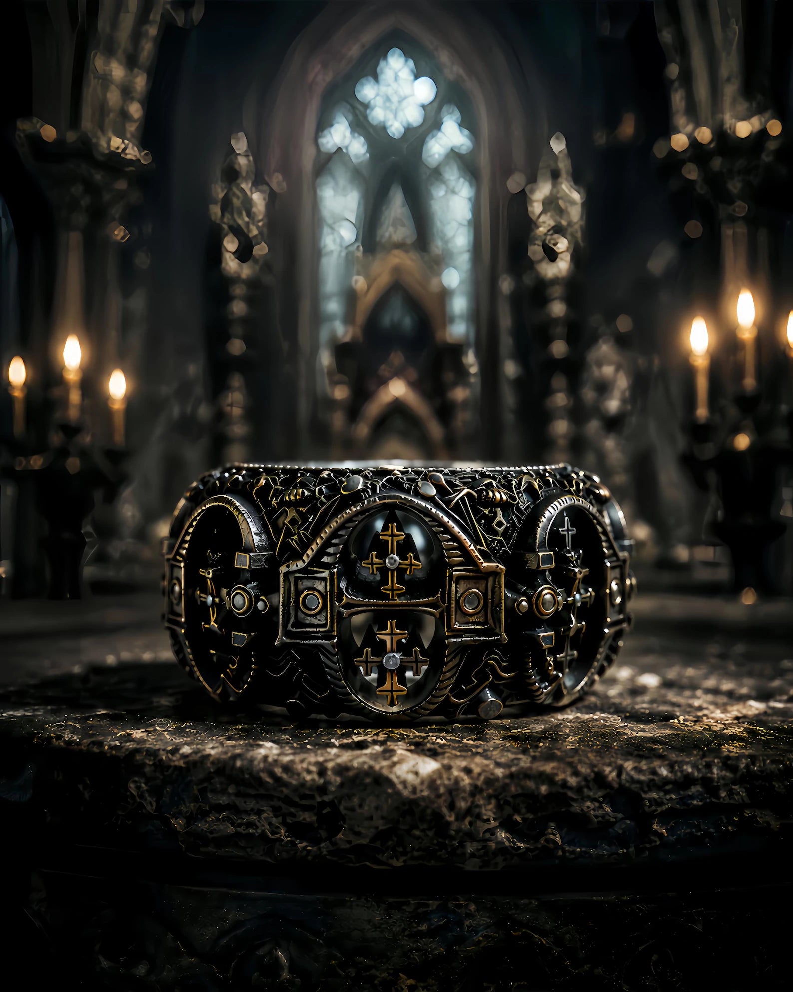 Lost Order Crusader Ring on hand — Gothic arch portal panels with heraldic crosses, two-tone oxidized silver and gold finish, front view