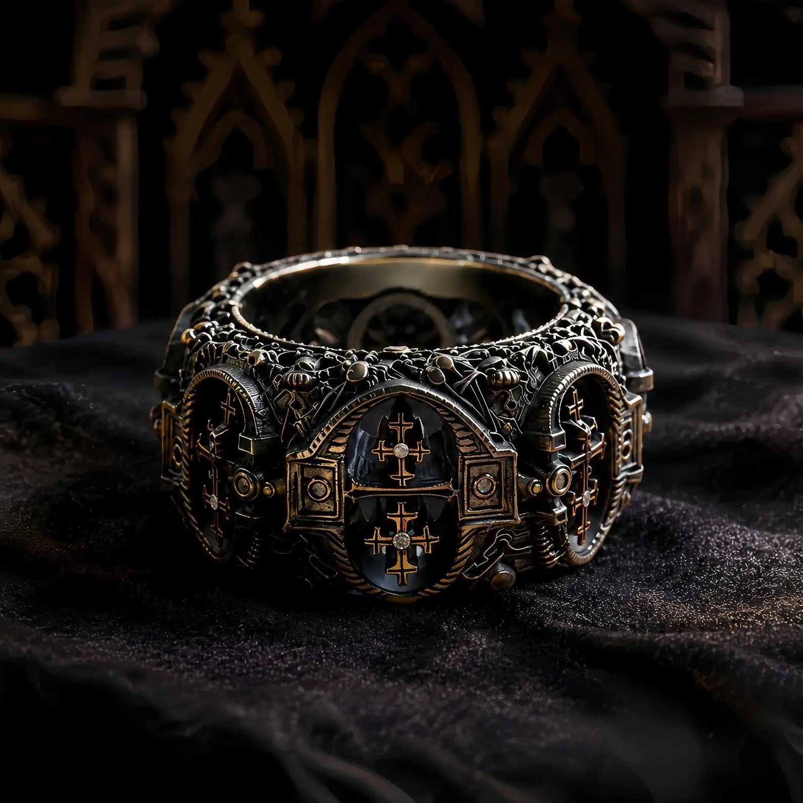 AR003 crusader ring close-up showing repeated Gothic arch and heraldic cross motifs around wide armorial band