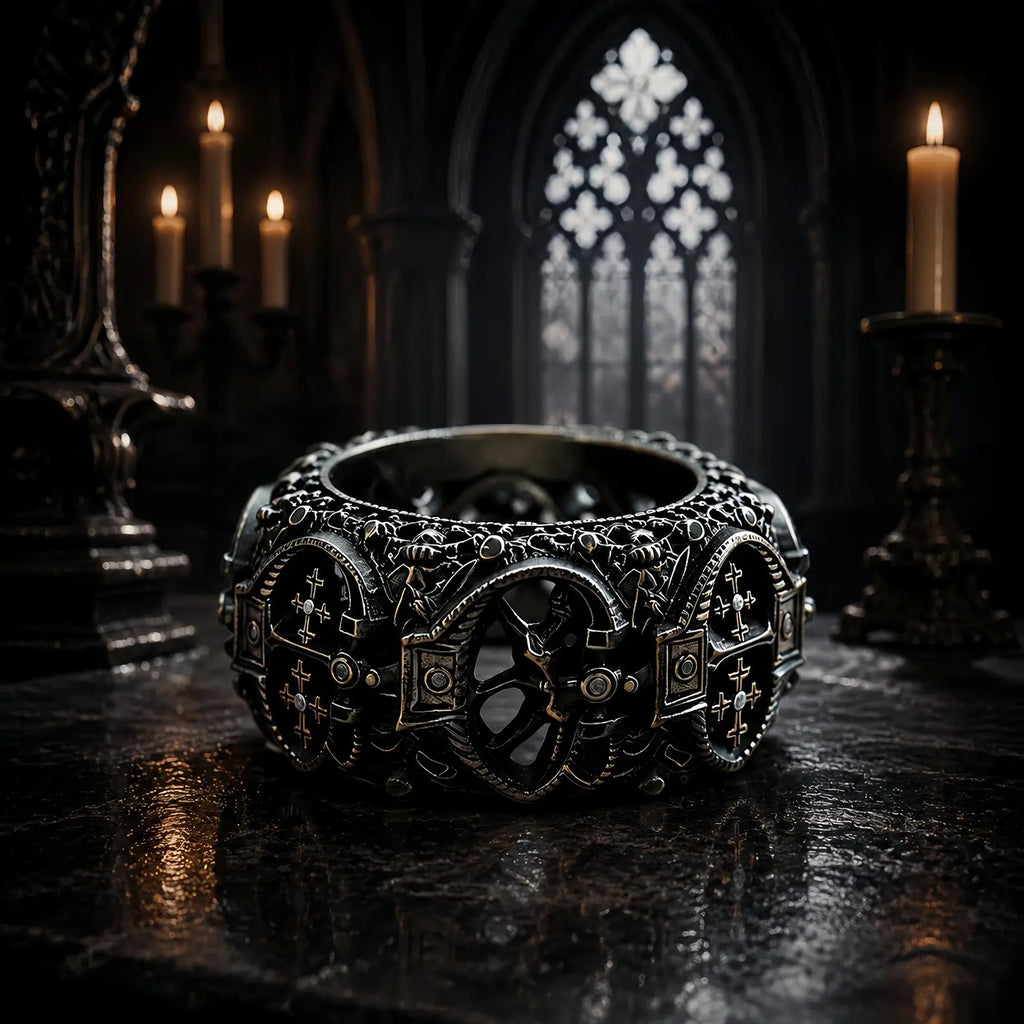 Lost Order Crusader Ring worn on female hand — Gothic portal arch band with two-tone gold and silver finish