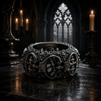 Lost Order Crusader Ring worn on female hand — Gothic portal arch band with two-tone gold and silver finish