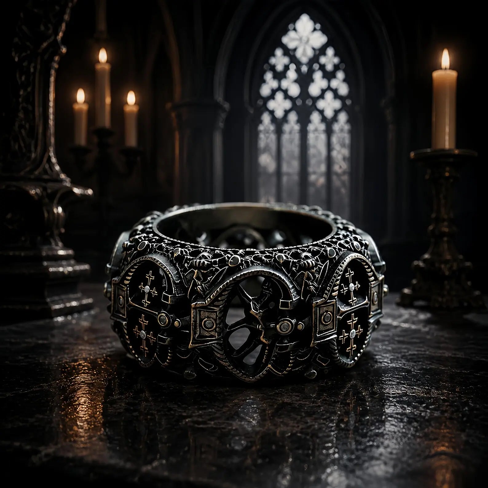 Lost Order Crusader Ring worn on female hand — Gothic portal arch band with two-tone gold and silver finish