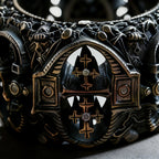 AR003 wide band crusader ring side profile — oxidized silver with burnished gold accent, Gothic arch relief detail