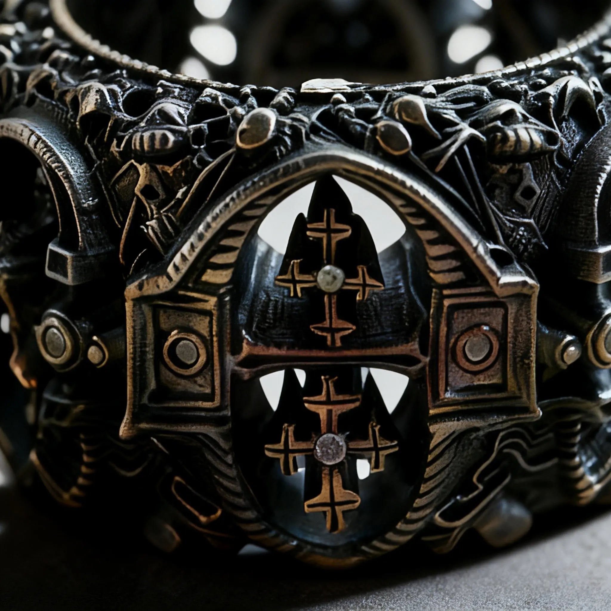 AR003 wide band crusader ring side profile — oxidized silver with burnished gold accent, Gothic arch relief detail