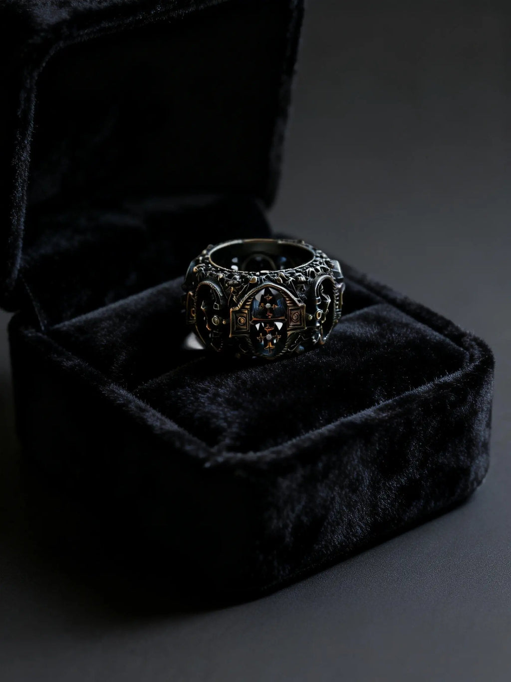 Lost Order Crusader Ring flat lay — full band view showing repeating heraldic cross and Gothic arch design, plain silver variant