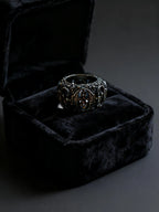 Lost Order Crusader Ring flat lay — full band view showing repeating heraldic cross and Gothic arch design, plain silver variant