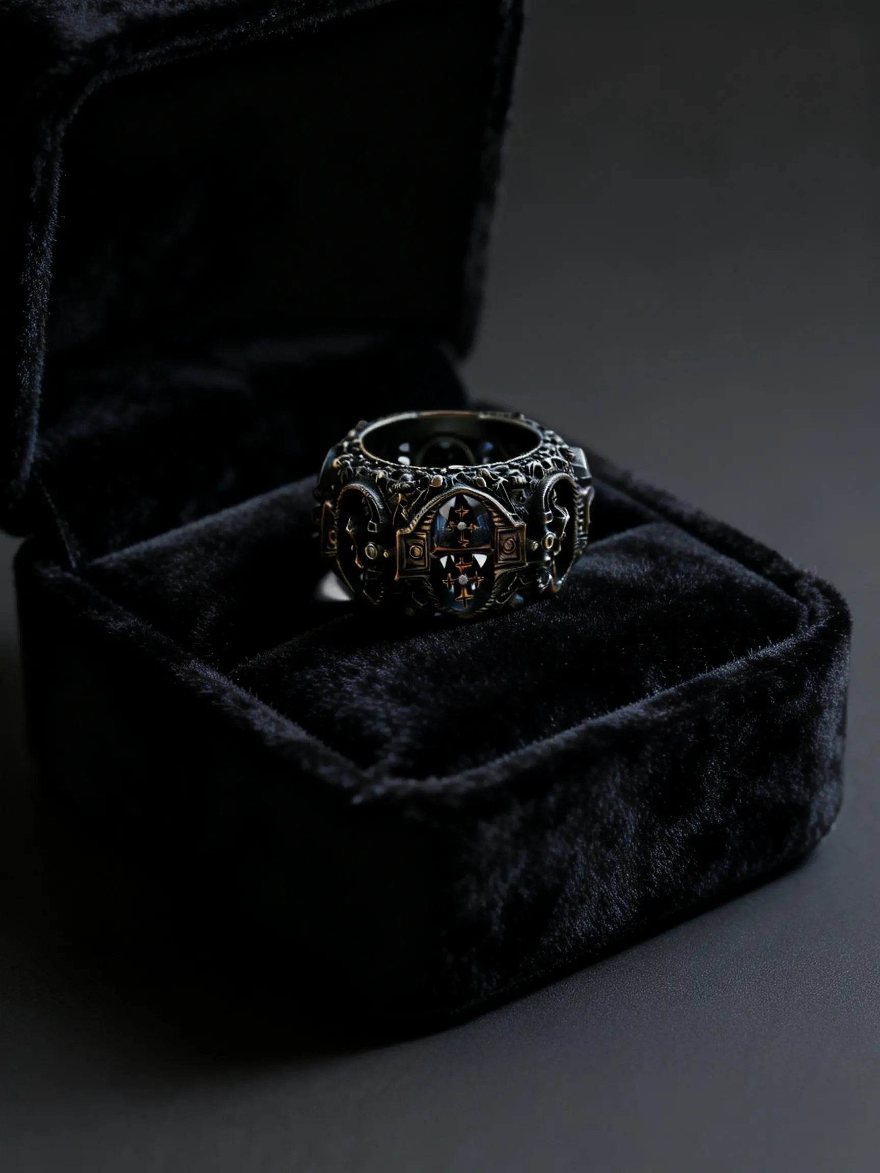 Lost Order Crusader Ring flat lay — full band view showing repeating heraldic cross and Gothic arch design, plain silver variant
