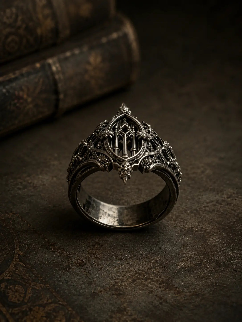 Eternal Choir gothic ring — sculptural openwork and pointed arch band, dark romantic jewelry