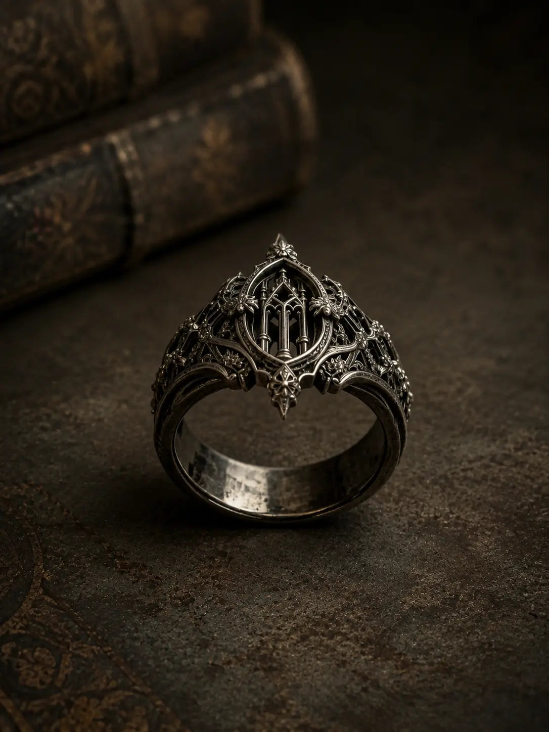 Eternal Choir gothic ring — sculptural openwork and pointed arch band, dark romantic jewelry