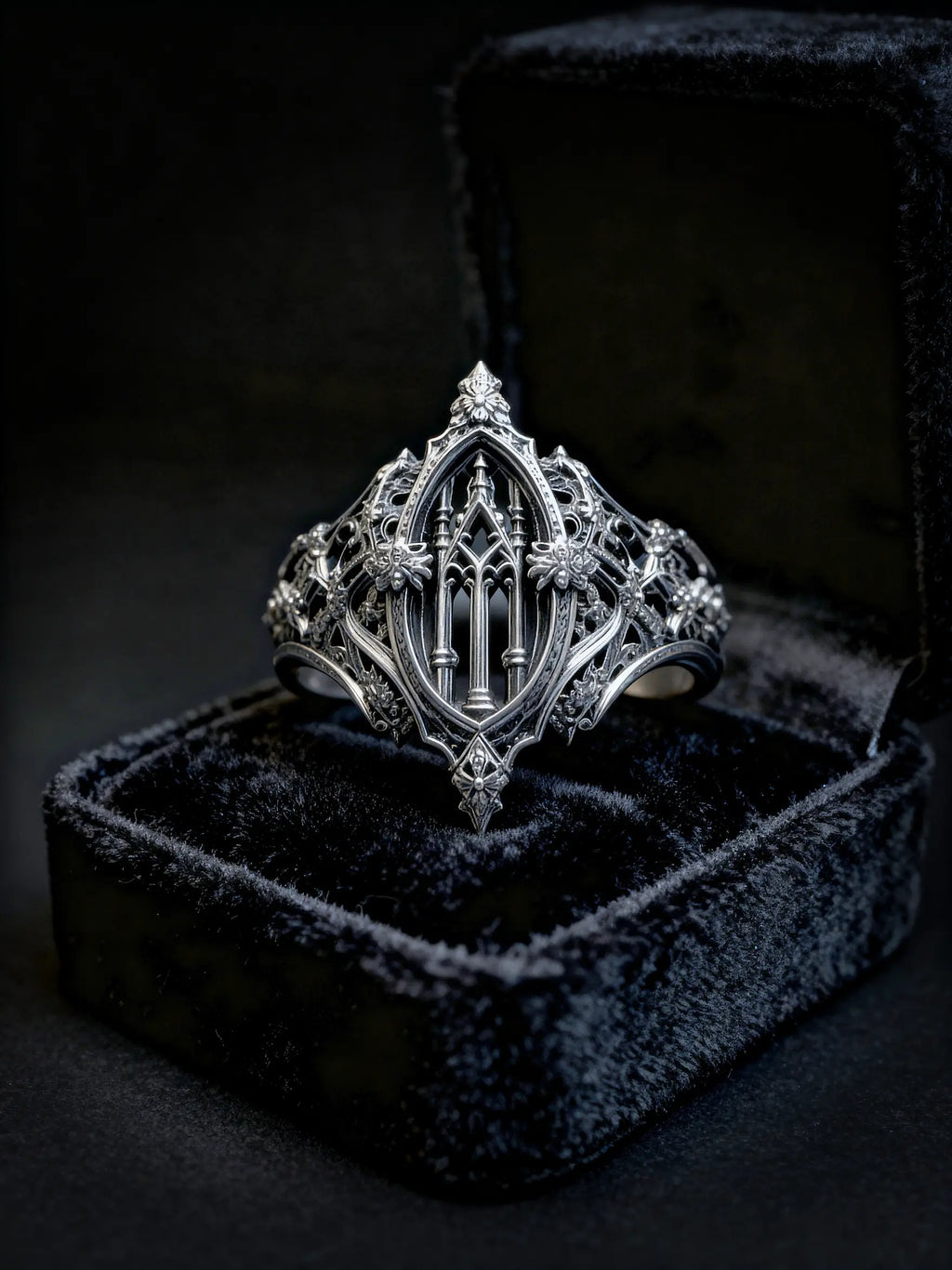 Eternal Choir ring side view — chiaroscuro light through openwork windows, 925 silver
