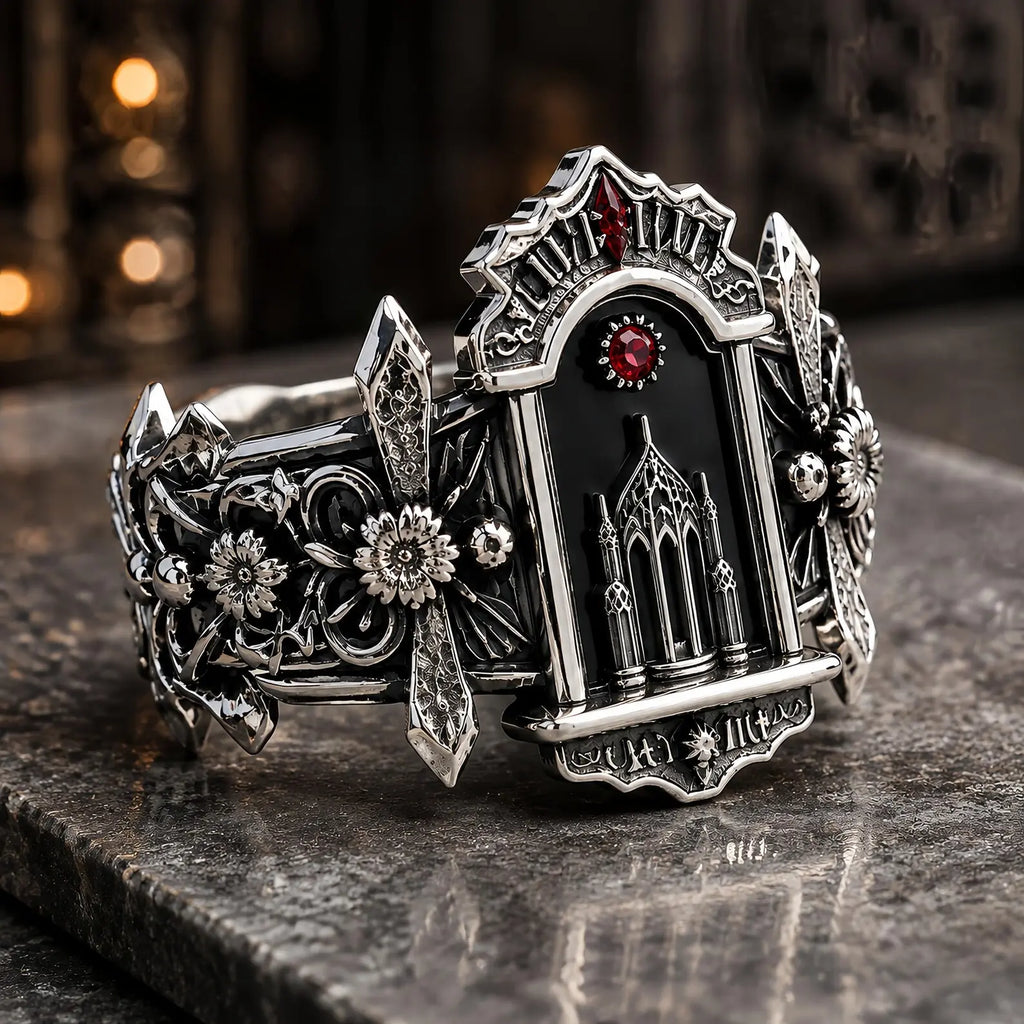 Angled view of the Crimson Portal altar ring, red rose-cut moissanite crowning a Gothic cathedral arch
