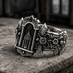 Side detail of the Gothic cathedral ring showing carved lily and rosette shoulders in oxidized 925 sterling silver