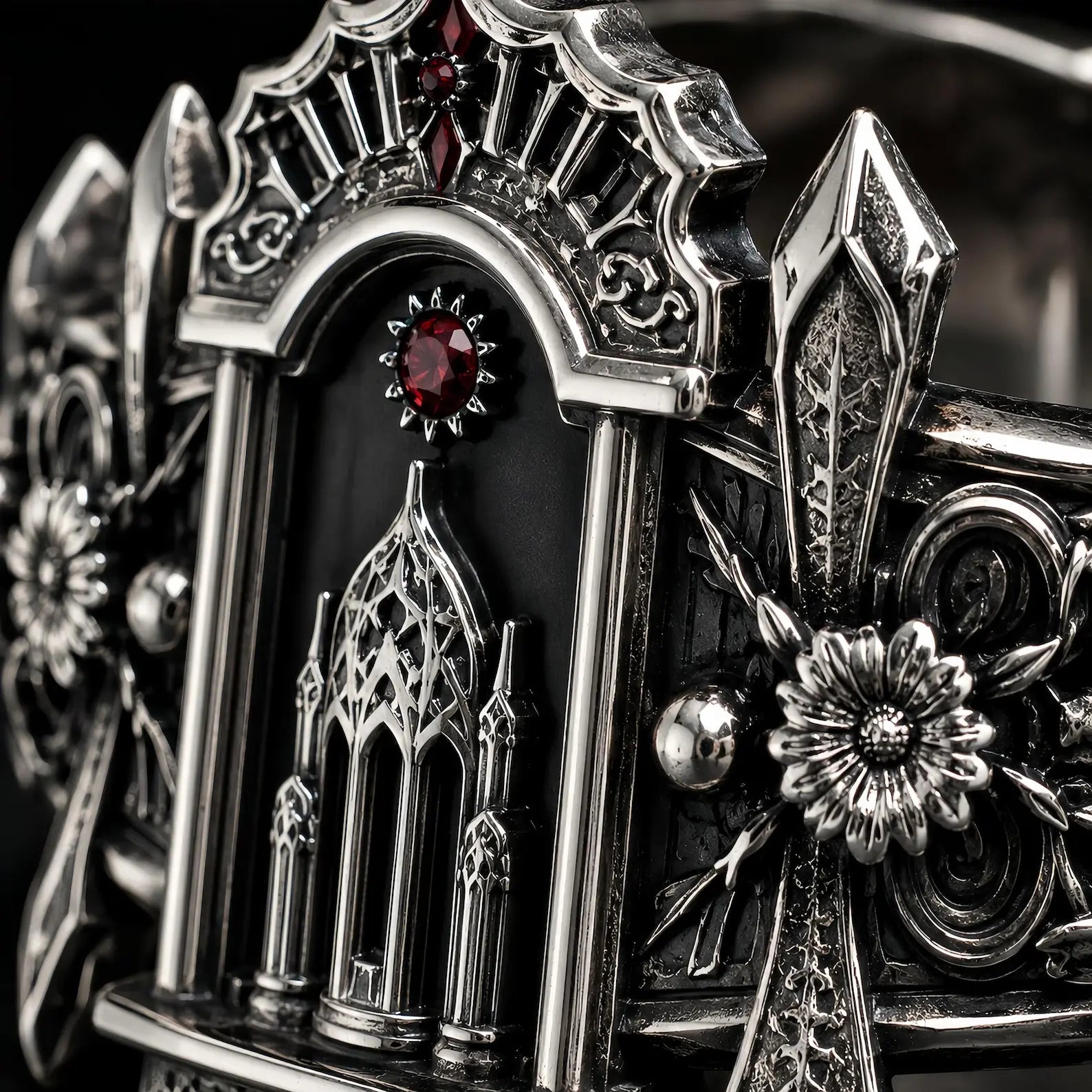 Detail of the sterling silver Gothic altar ring's openwork arches and architectural tracery