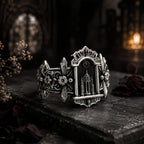 Crimson Portal altar ring displayed on a stone pedestal, Gothic cathedral architecture jewelry