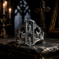 Gothic Saints Prayer signet ring in oxidized 925 sterling silver, carved cathedral arches with saint reliefs, on a dark altar