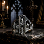 Gothic Saints Prayer signet ring in oxidized 925 sterling silver, carved cathedral arches with saint reliefs, on a dark altar