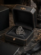 Saints Prayer Gothic signet ring presented in a black Sanctus ring box with a gold cross