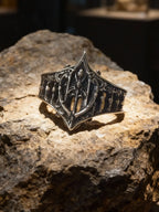 Gothic 925 sterling silver cathedral ring — hand-carved architectural tracery and pointed apex front view