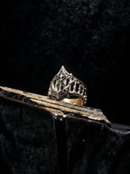 Gothic cathedral ring close-up — soaring ogival arches and intricate window filigree in sterling silver
