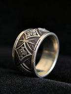 Mens gothic wide band ring — sterling silver cross armor band with comfort-fit interior, sizes 4–13