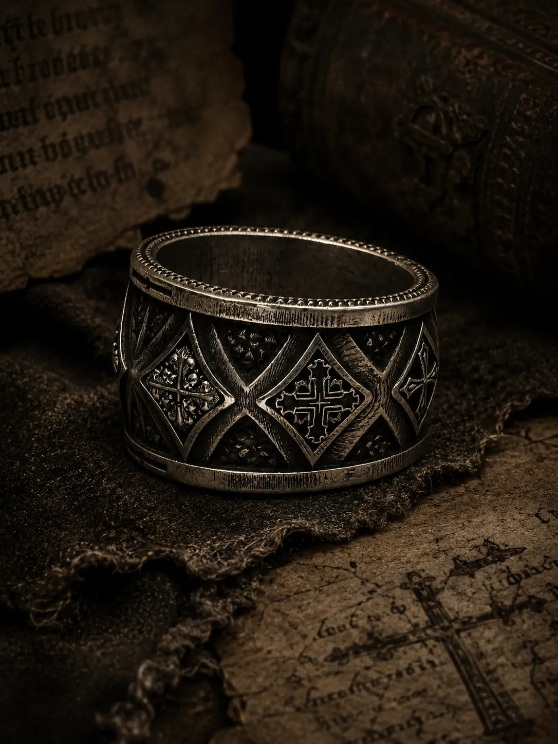 Wide band gothic ring — historic diamond matrices and gothic cross relief in 925 oxidized silver
