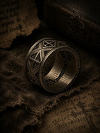 Gothic cross ring side profile — hand-oxidized chiaroscuro contrast and 12th-century cloister band design