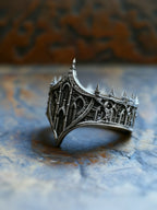 Cathedral Citadel crown ring — towering gothic cathedral facade and razor-sharp spires in oxidized silver