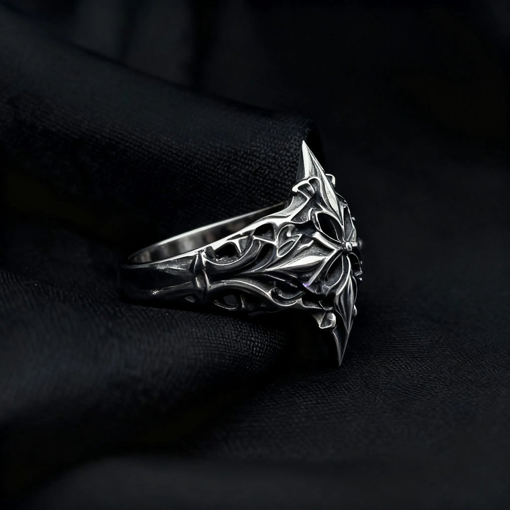 Gothic lozenge ring — symmetrical diamond-shield silhouette with chiaroscuro patina in 925 sterling silver