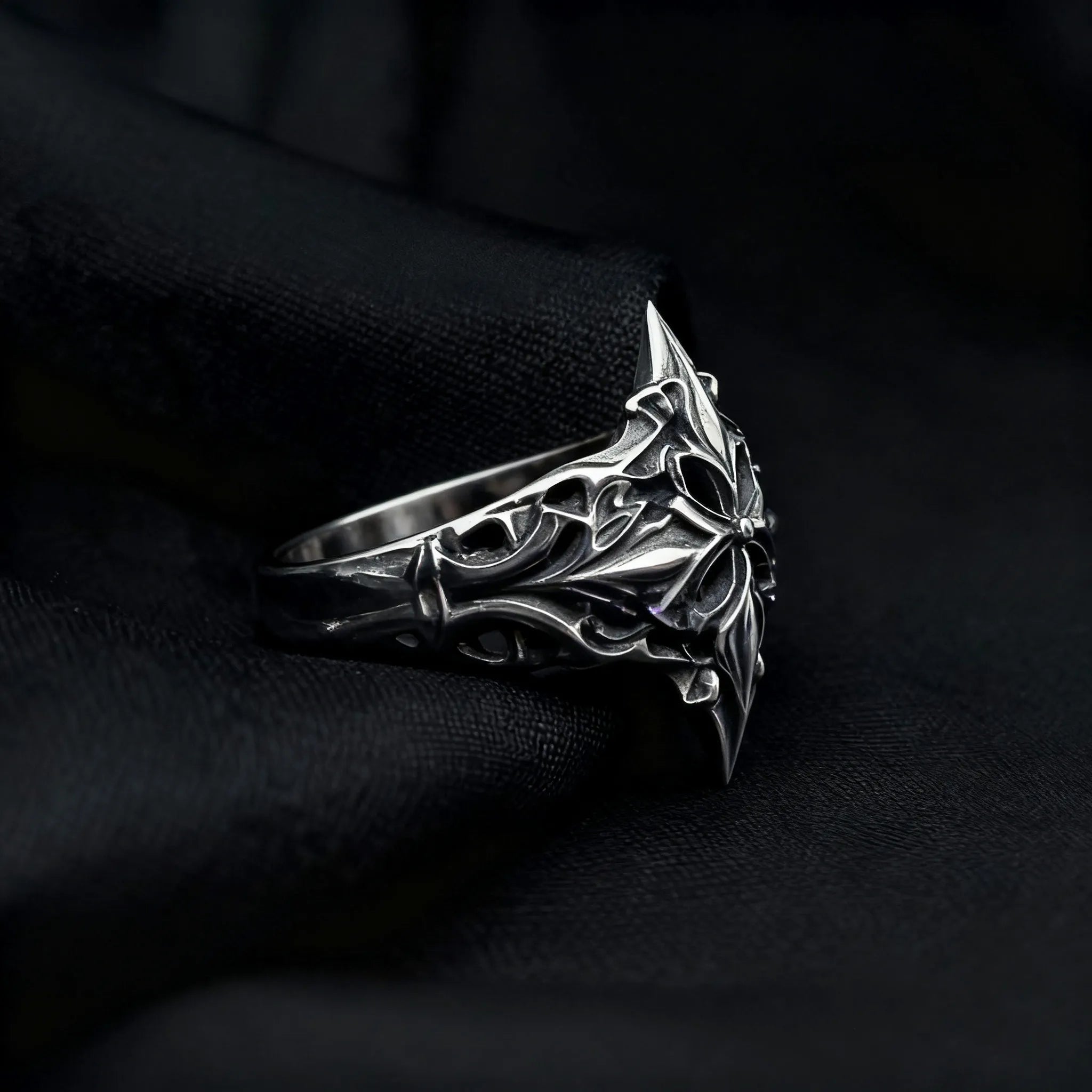 Gothic lozenge ring — symmetrical diamond-shield silhouette with chiaroscuro patina in 925 sterling silver
