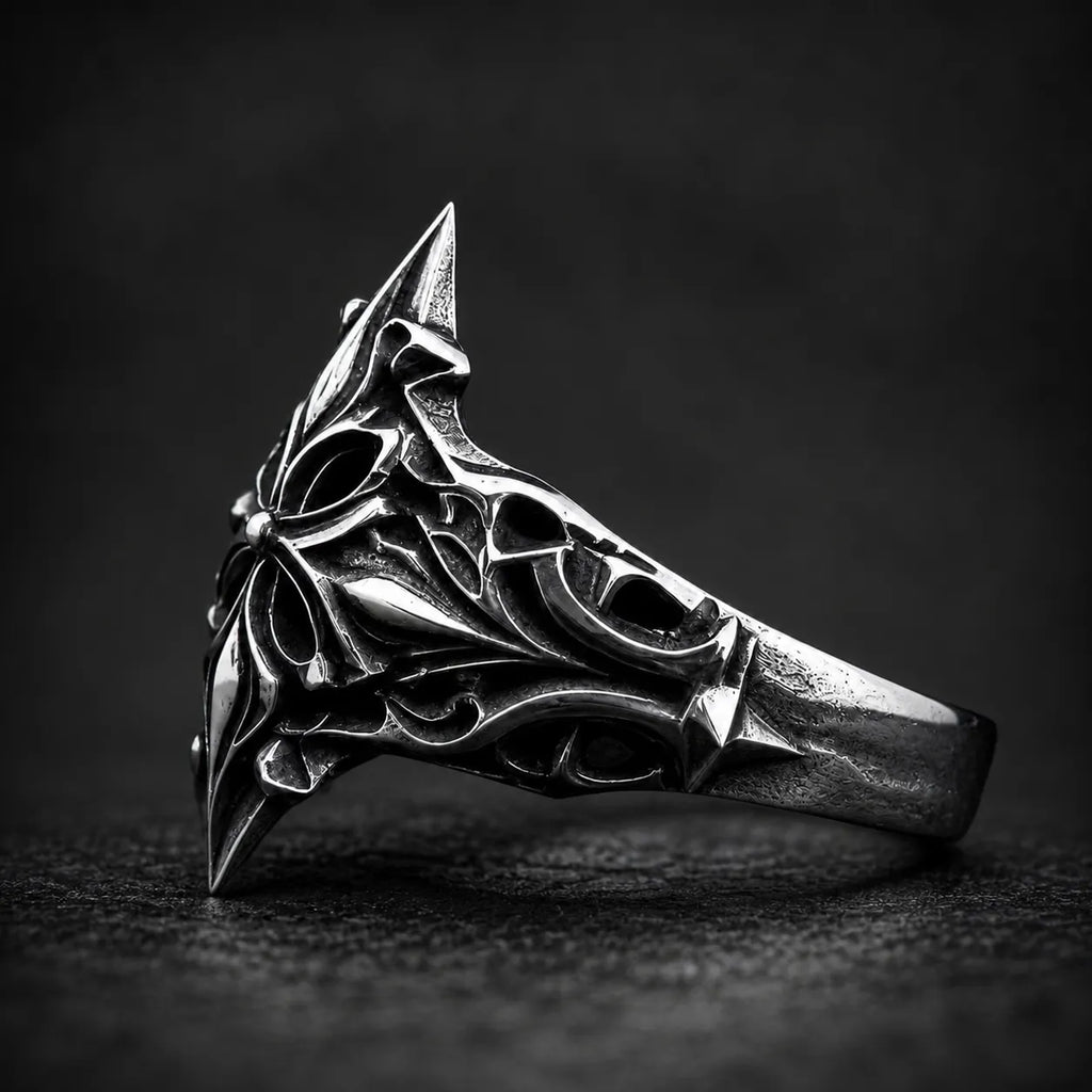 Gothic shield ring side view — artisan hand-oxidized openwork filigree and burnished silver ridges