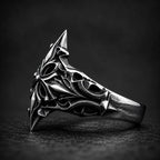 Gothic shield ring side view — artisan hand-oxidized openwork filigree and burnished silver ridges