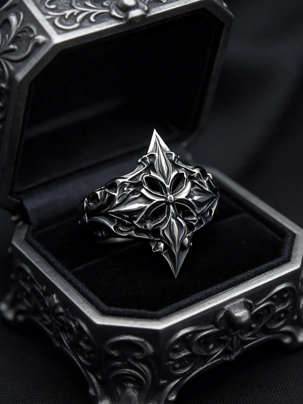 Gothic lozenge shield ring as alternative wedding ring — Dark Academia heraldic band in handcrafted silver