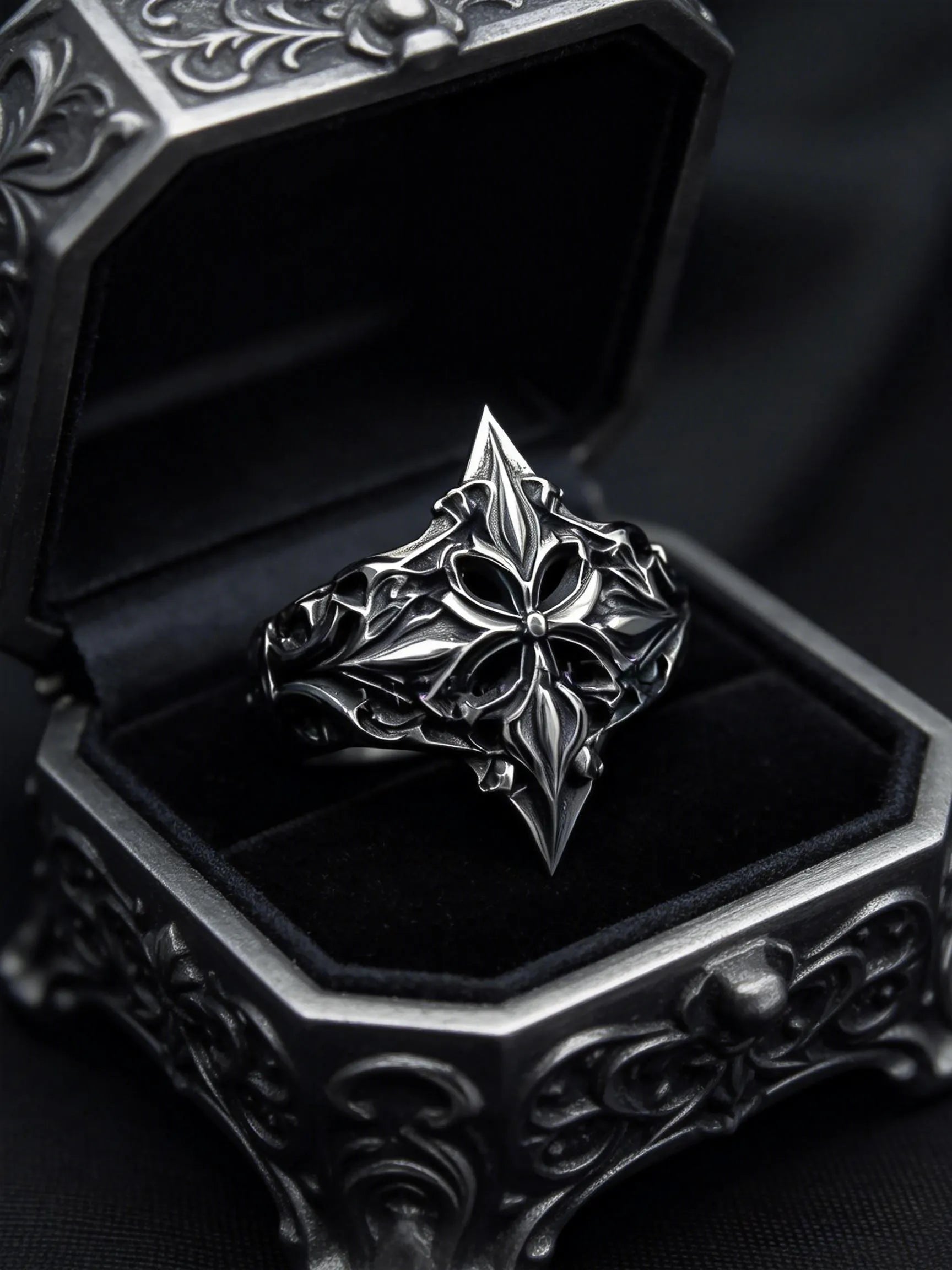 Gothic lozenge shield ring as alternative wedding ring — Dark Academia heraldic band in handcrafted silver