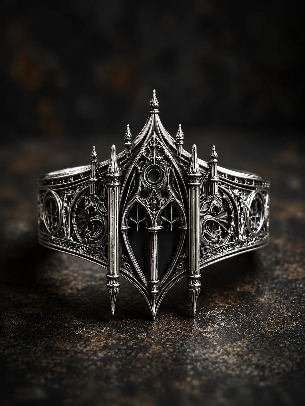 Gothic 925 sterling silver cathedral facade ring — tiara-like spire crown silhouette front view