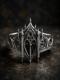 Gothic 925 sterling silver cathedral facade ring — tiara-like spire crown silhouette front view
