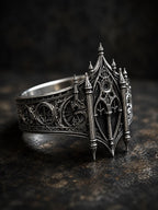 Cathedral facade ring — sky-piercing layered lancet spires and arched tracery in sterling silver