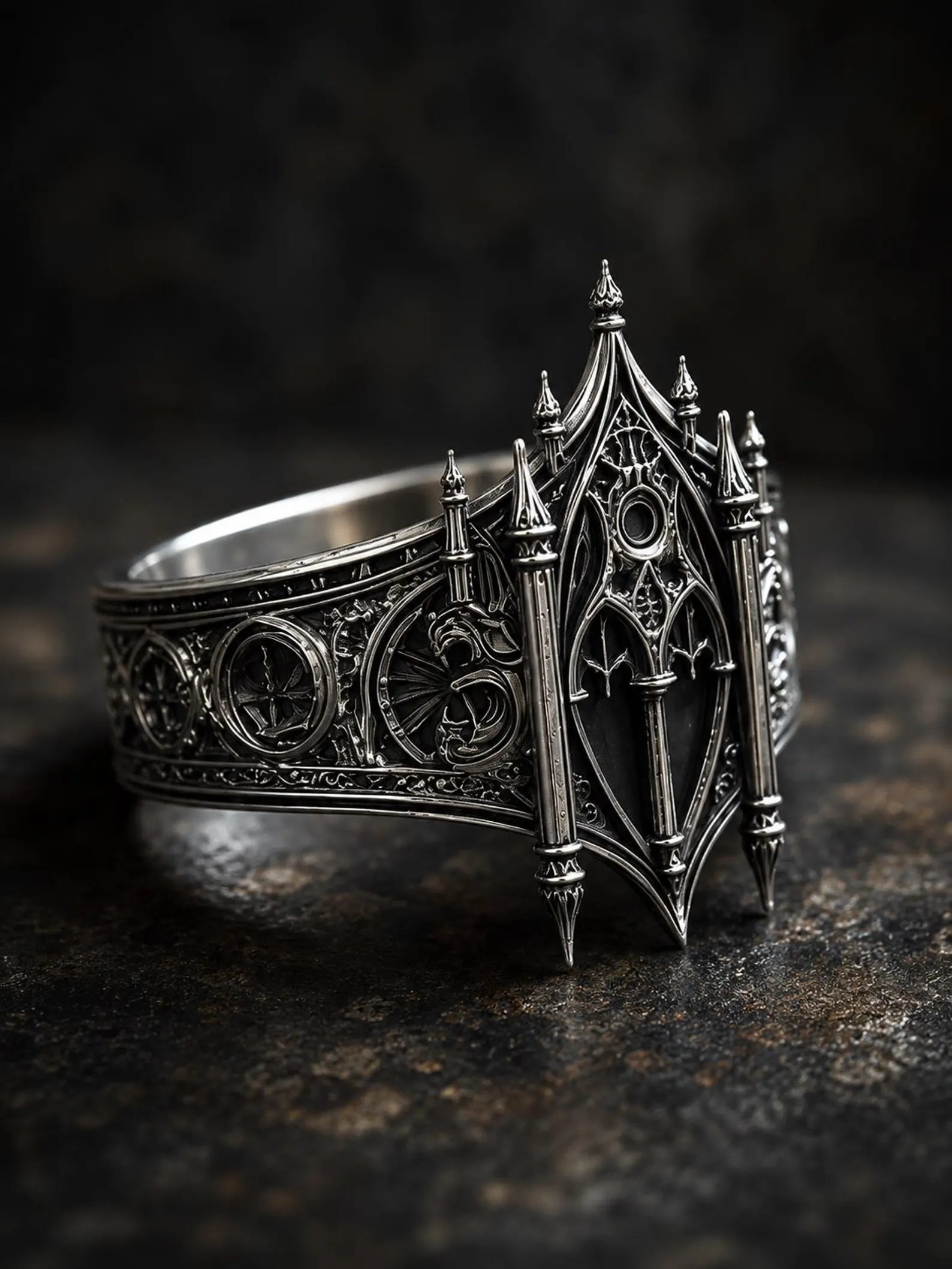 Cathedral facade ring — sky-piercing layered lancet spires and arched tracery in sterling silver