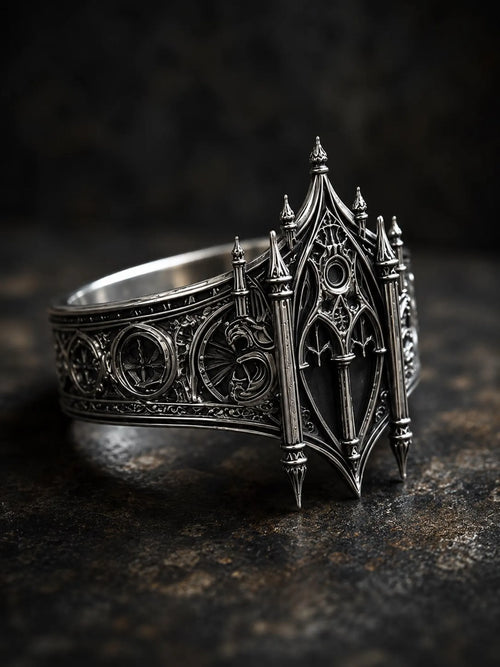Cathedral facade ring — sky-piercing layered lancet spires and arched tracery in sterling silver