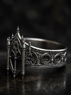 Gothic facade ring side profile — Dark Academia statement ring with smooth tapered band, custom engraving available