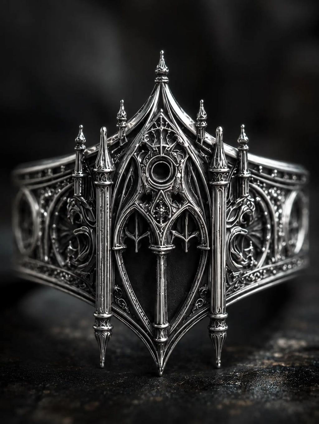 Gothic facade ring close-up — blind arcades and chiaroscuro hand-oxidized patina in 925 silver