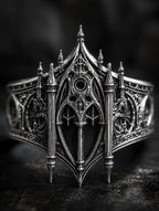 Gothic facade ring close-up — blind arcades and chiaroscuro hand-oxidized patina in 925 silver