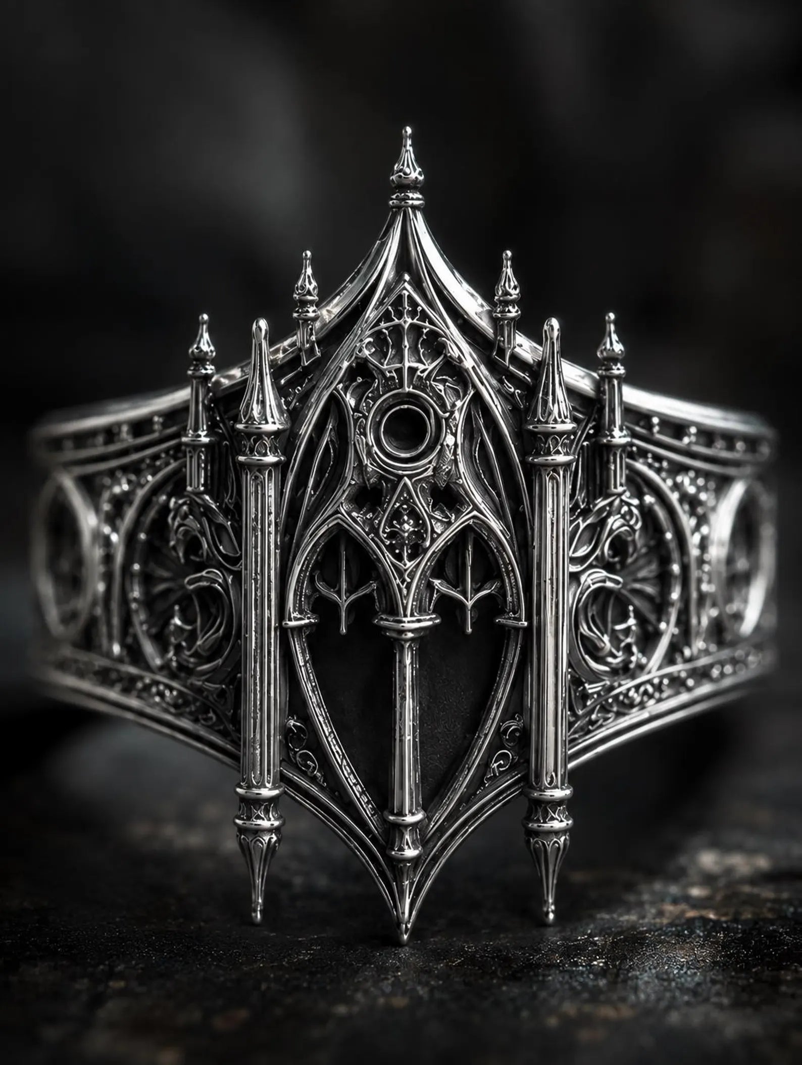 Gothic facade ring close-up — blind arcades and chiaroscuro hand-oxidized patina in 925 silver