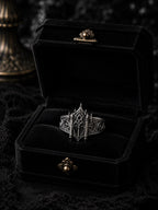 Cathedral facade ring top view — symmetrical medieval cathedral exterior crown in solid 925 sterling silver