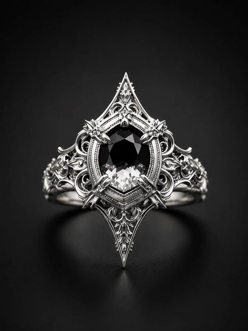 Gothic 925 sterling silver cathedral marquise spire ring with white topaz — pointed V-silhouette front view