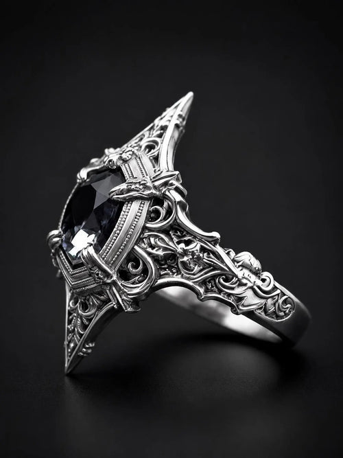 Cathedral marquise spire ring — white topaz in gothic spire setting with milgrain border detail