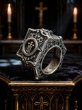 Gothic 925 sterling silver cross signet ring — sovereign seal circular bezel with cathedral stone relief
