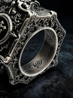 Hand wearing gothic cross signet ring — Dark Academia luxury statement piece, custom engraving available sizes 4–13